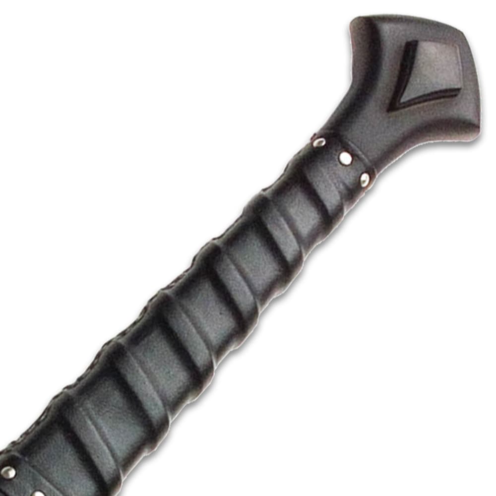 Zoomed view of the genuine leather wrapped wooden sword handle with silver pieces at the base and top of the grip image number 2