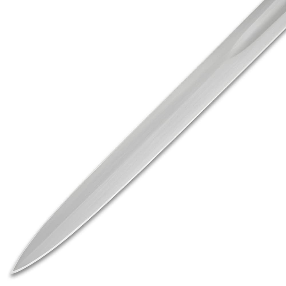 Zoomed view of the piercing point of the Templar Sword’s 1065 carbon steel blade. image number 2