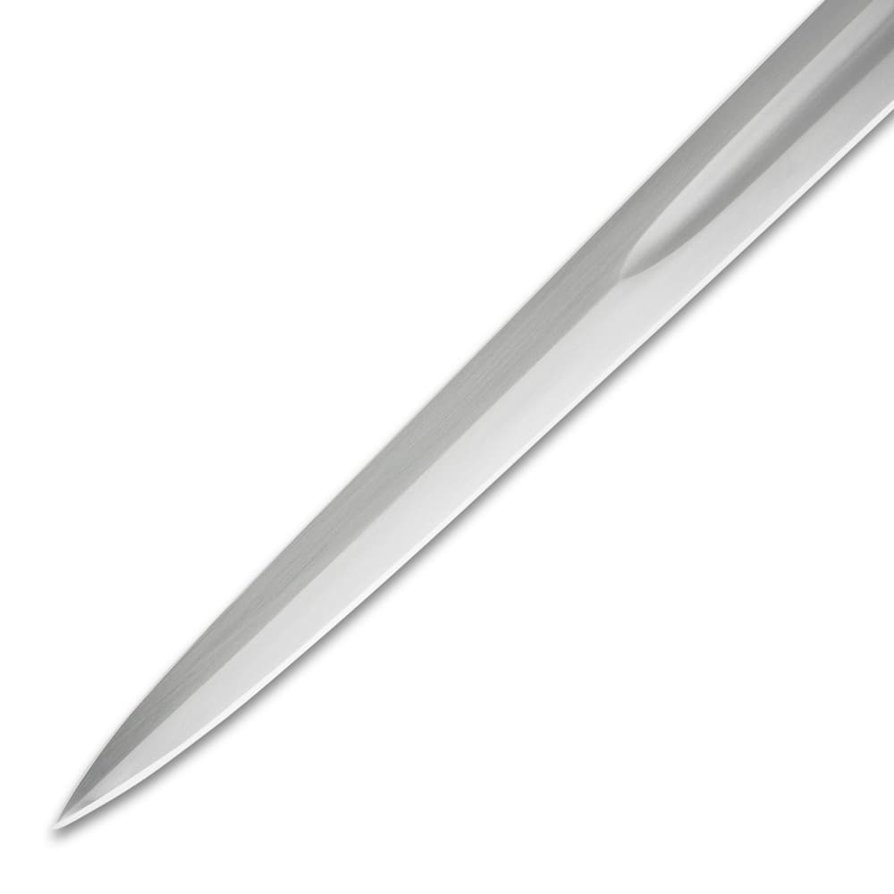 Detailed view of the Oakeshott Sword’s 1065 carbon steel blade with piercing point. image number 2