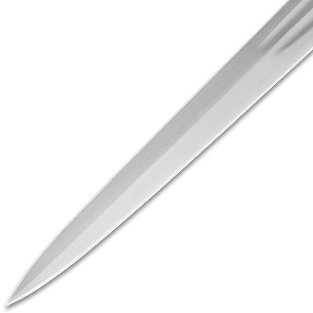 Detailed view of the piercing point of the Double Fuller Sword’s 1065 carbon steel blade. image number 2