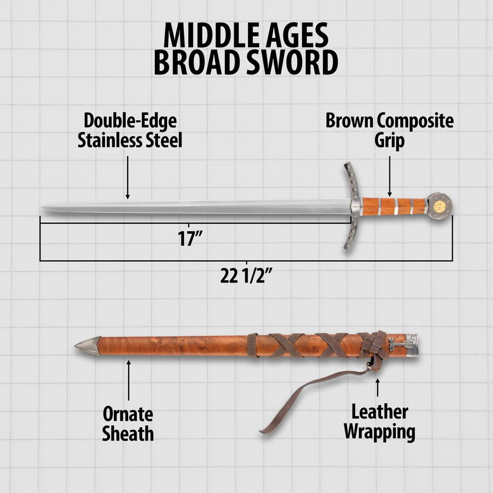 Middle Ages Medieval Broad Sword And Matching Faux Brown Wood Scabbard With Faux Leather Wrapping - 17" stainless steel blade image number 2