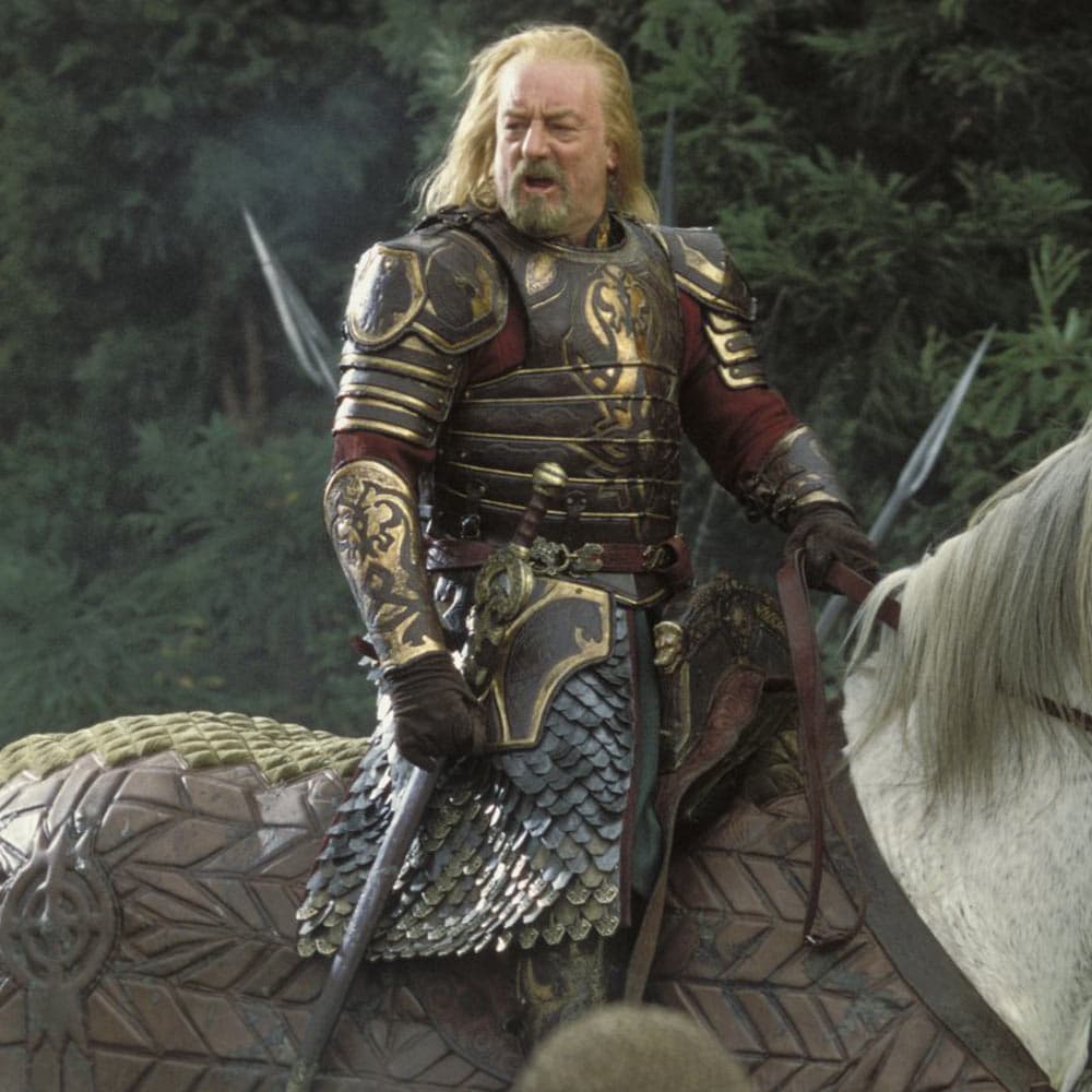 The Lord of the Rings character King Theoden of Rohan is shown with the Herugrim sword secured to his side. image number 2
