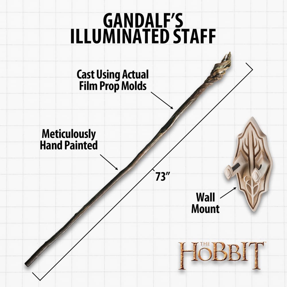 The Hobbit character Gandalf is shown holding the illuminated staff. image number 2