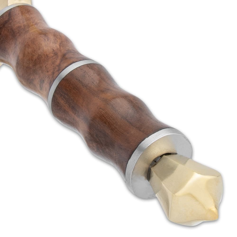 The ridged handle is of premium wood, bookended by a polished brass cross-guard and pommel with a skull crusher image number 2