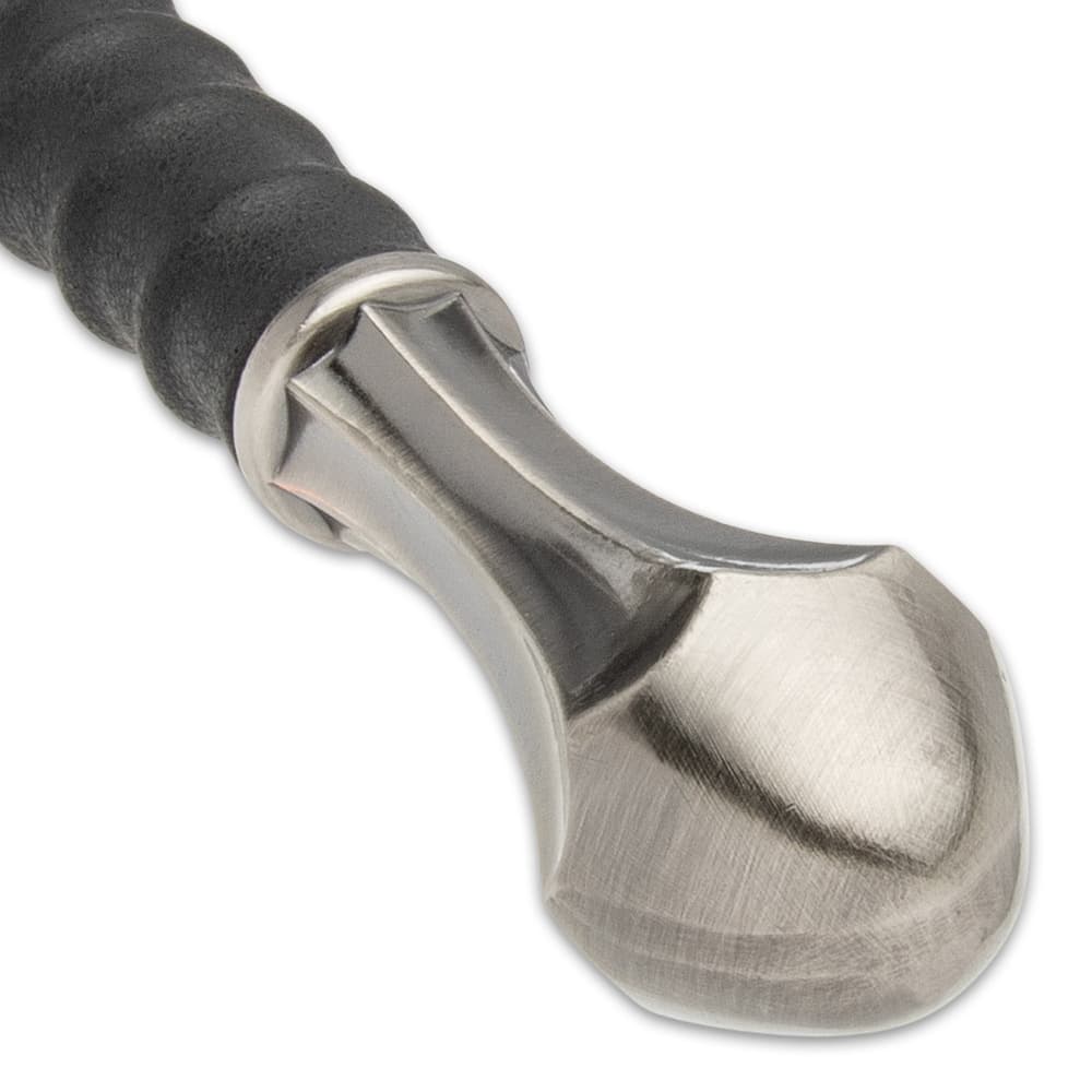 The grooved handle is wrapped in genuine black leather and the knob-styled handle is pewter-colored metal alloy image number 2