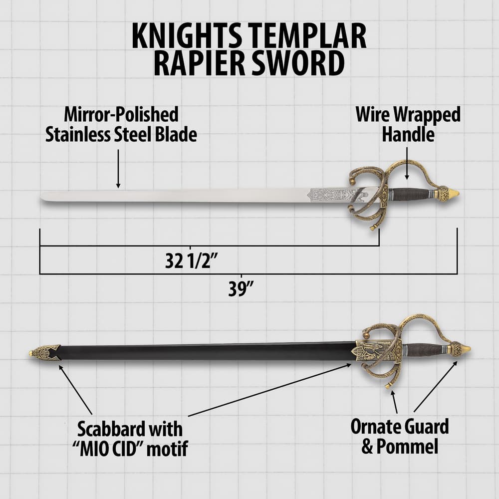 This image shows the technical specifications of the Knigth's Templar rapier sword image number 2