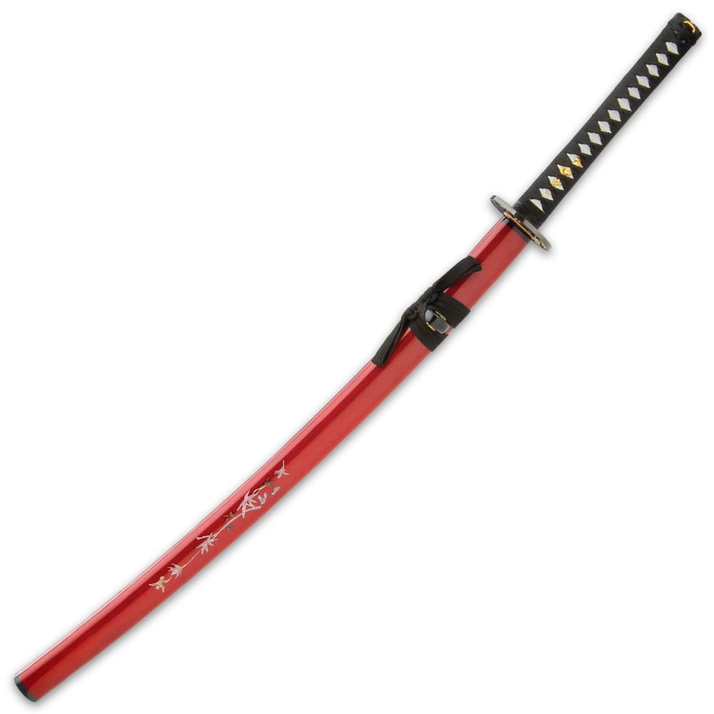 The 41” katana slides into a red lacquered wooden scabbard, accented with faux mother of pearl inlays and black cord-wrap image number 2
