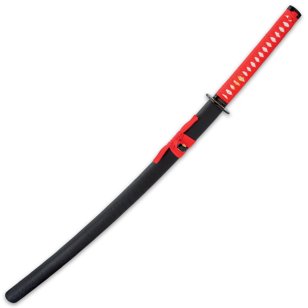 The 41” overall katana slides smoothly into a black lacquered wooden scabbard, accented with red cord-wrap image number 2