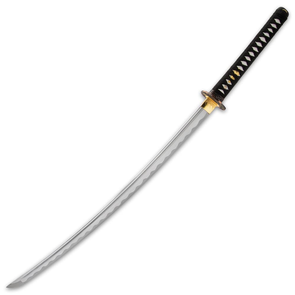The full-tang, razor-sharp, sword has a 28”, 1045 carbon steel blade, which extends from a polished brass habaki image number 2