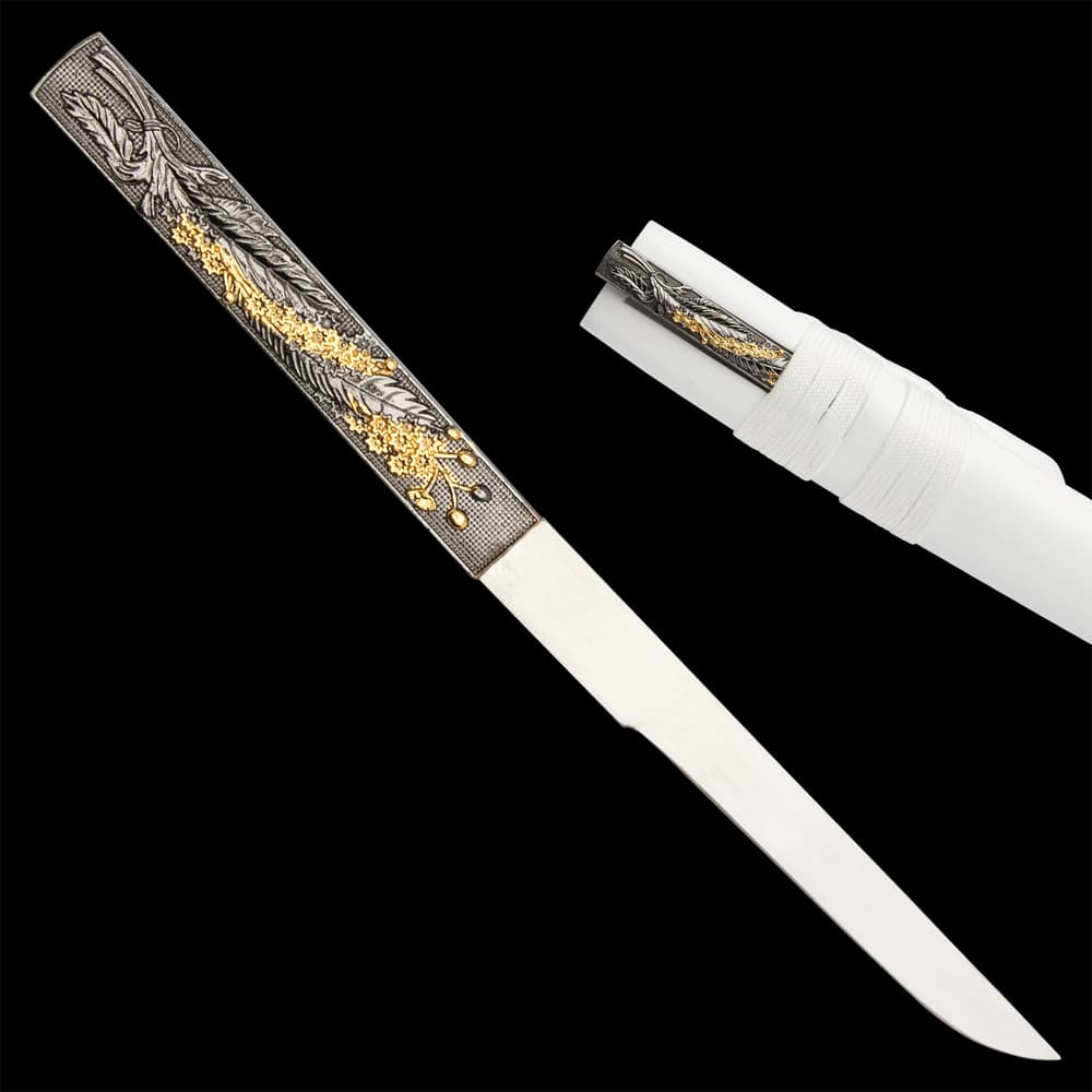 Included with the katana is a highly decorative knife with a sharp, 4 1/2” stainless steel blade and a metal alloy handle image number 2