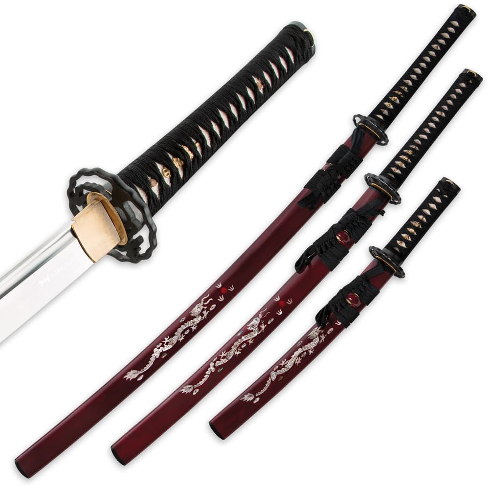 The three sword scabbards are maroon with natural pearl dragon design on the side. image number 2