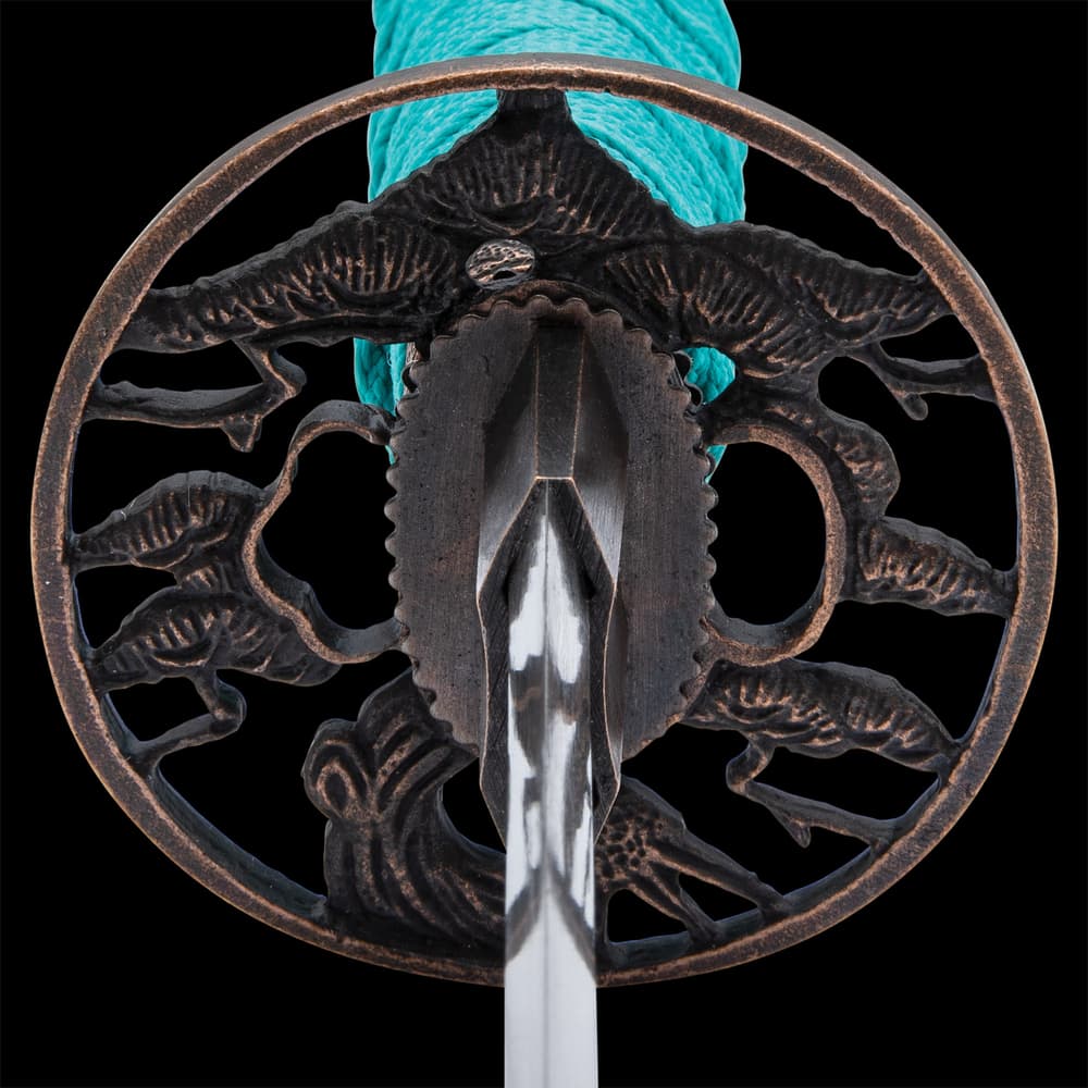 Shinwa Teal Zatoichi Sword And Scabbard - Damascus Steel Blade, Hardwood Handle, Traditional Cord-Wrap, Genuine Rayskin image number 2