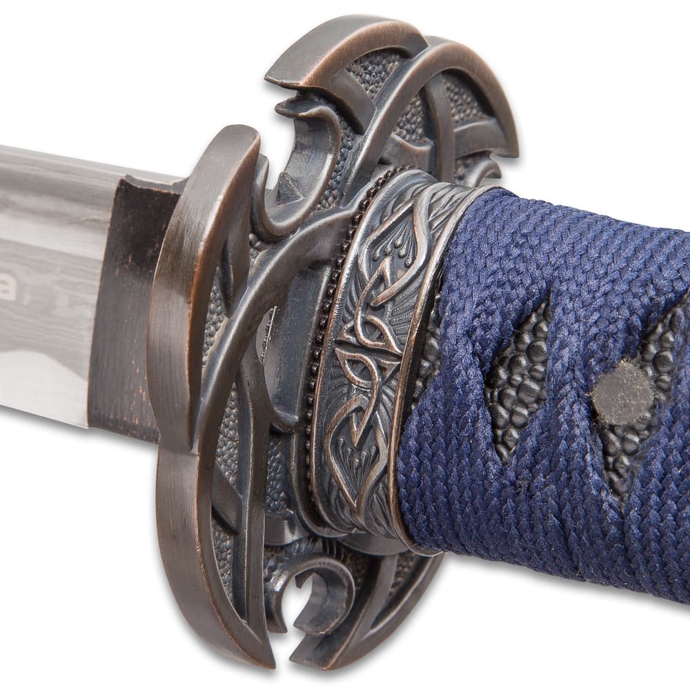 Shinwa Blue Knight Handmade Katana / Samurai Sword - Hand Forged Damascus Steel, More Than 1,000 Layers - Distinctive Custom Cast Tsuba - Faux Ray Skin - Functional, Battle Ready, Full Tang image number 2