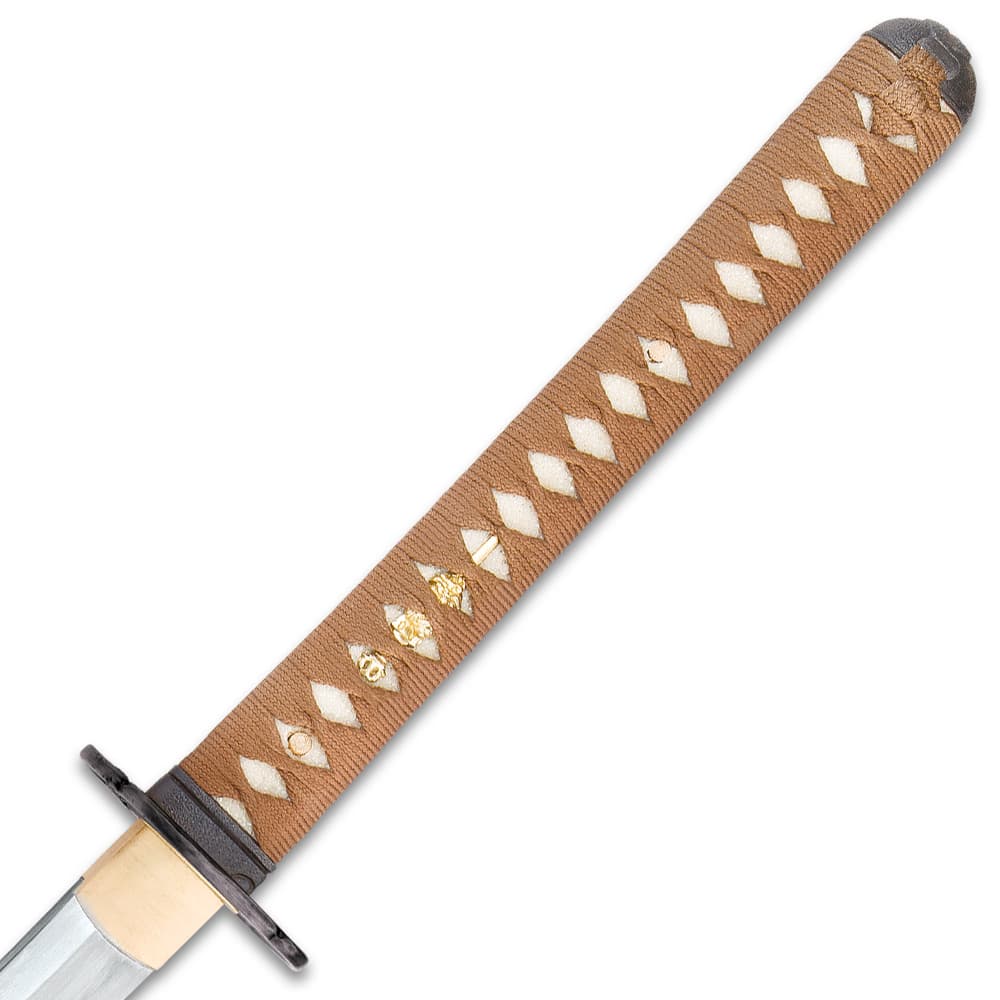 The white genuine ray skin handle is wrapped brown cord and has a gold colored menuki. image number 2