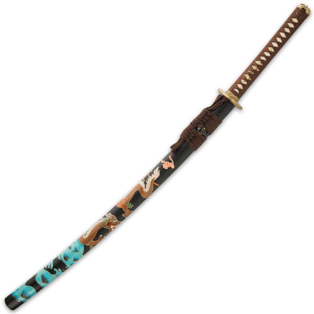 The 40” overall katana slides smoothly into its black wooden scabbard, which has a colorful hand-painted water dragon image number 2