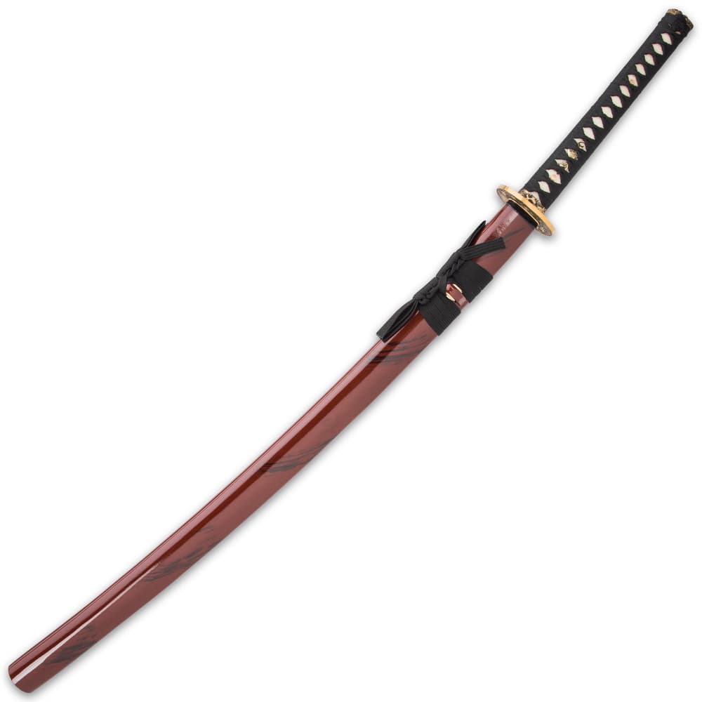 The 40 9/10” overall katana slides smoothly into its red lacquered wooden scabbard, accented with black splashes image number 2