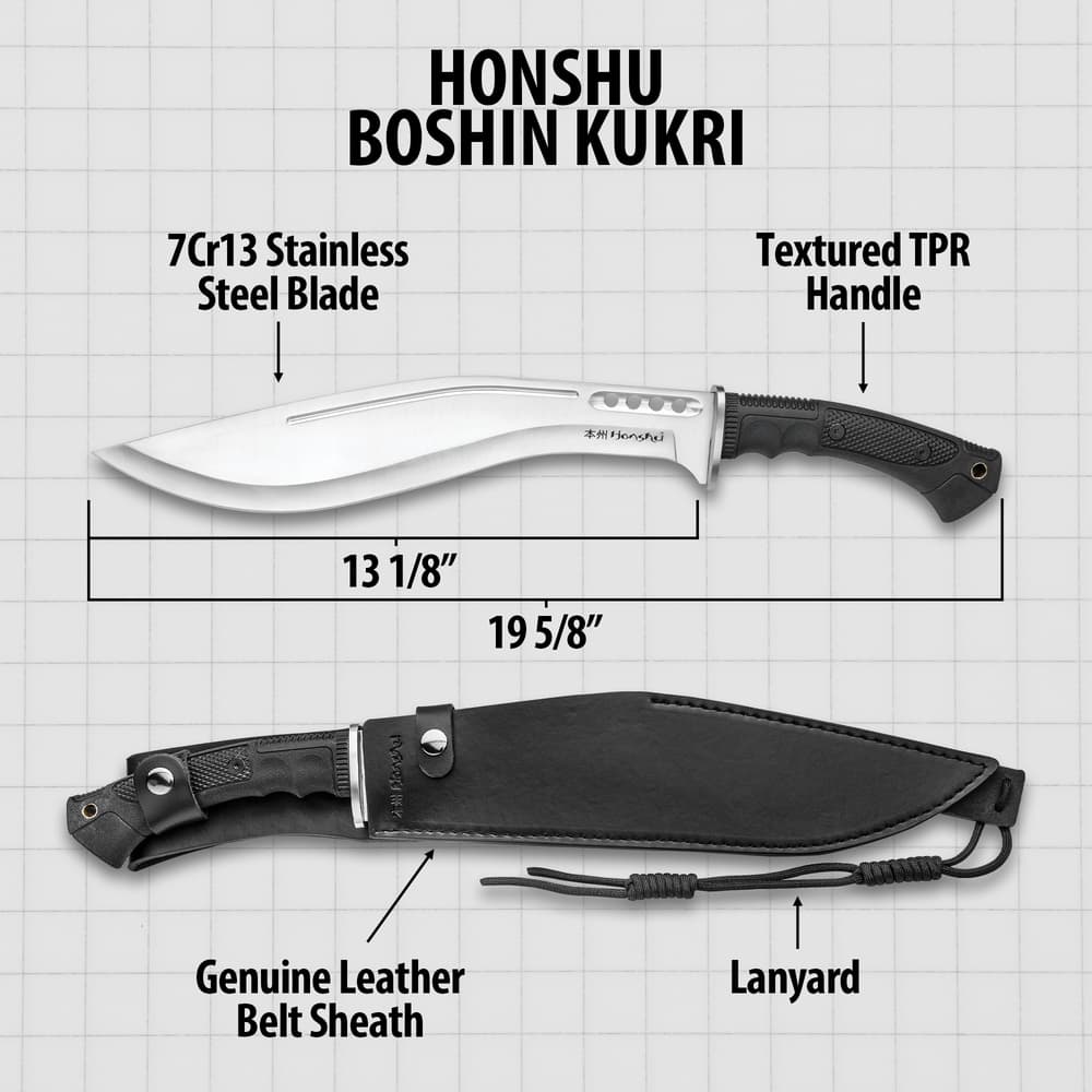 Honshu Boshin Kukri with Genuine Leather Belt Sheath - Full Tang 19 5/8" Gurkha Machete Fixed Blade - 7Cr13 Stainless Steel - Blood Groove, Cut-Outs - Textured, Molded TPR Handle - Lanyard Hole image number 2