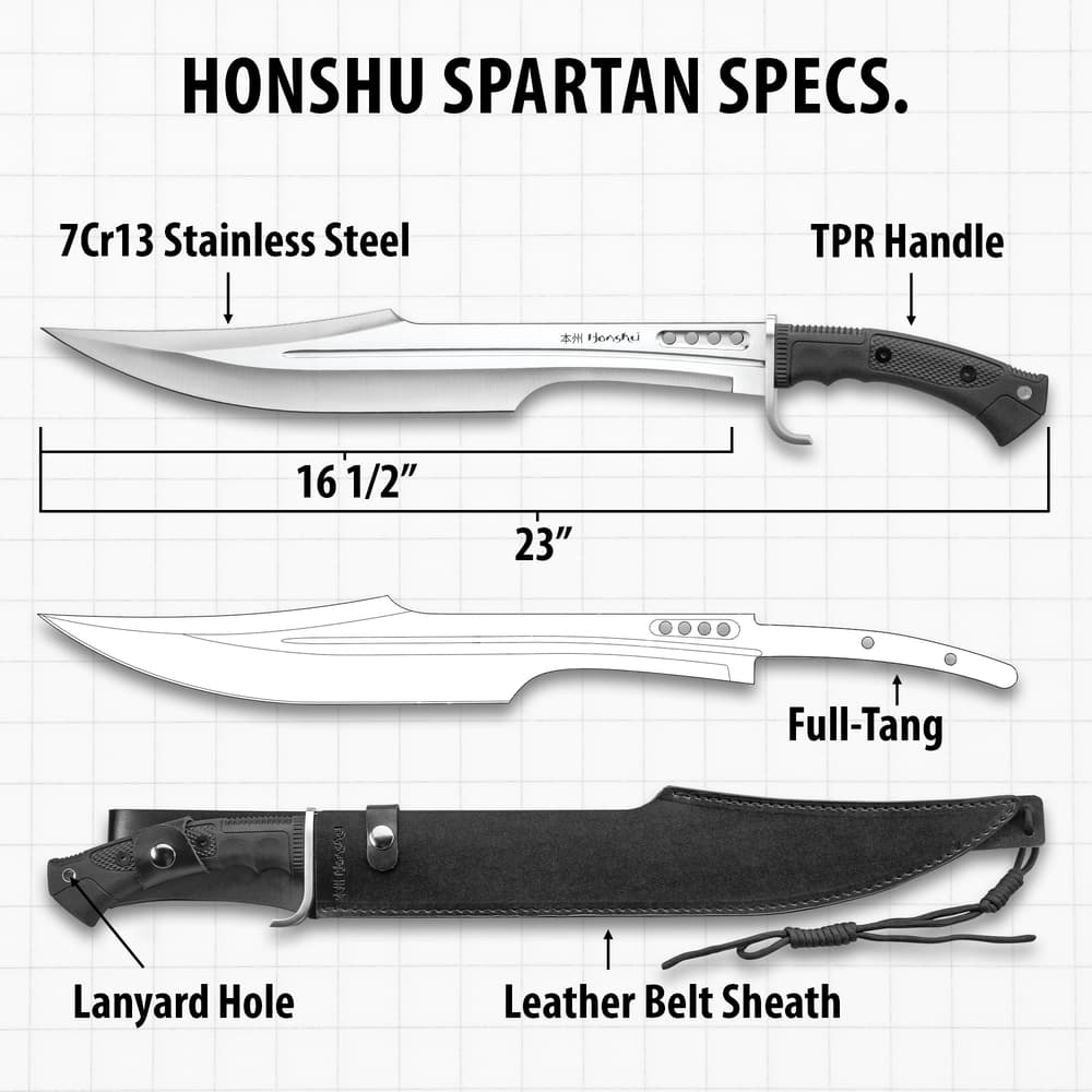 Honshu Spartan Sword And Sheath - 7Cr13 Stainless Steel Blade, Grippy TPR Handle, Stainless Steel Guard - Length 23” image number 2