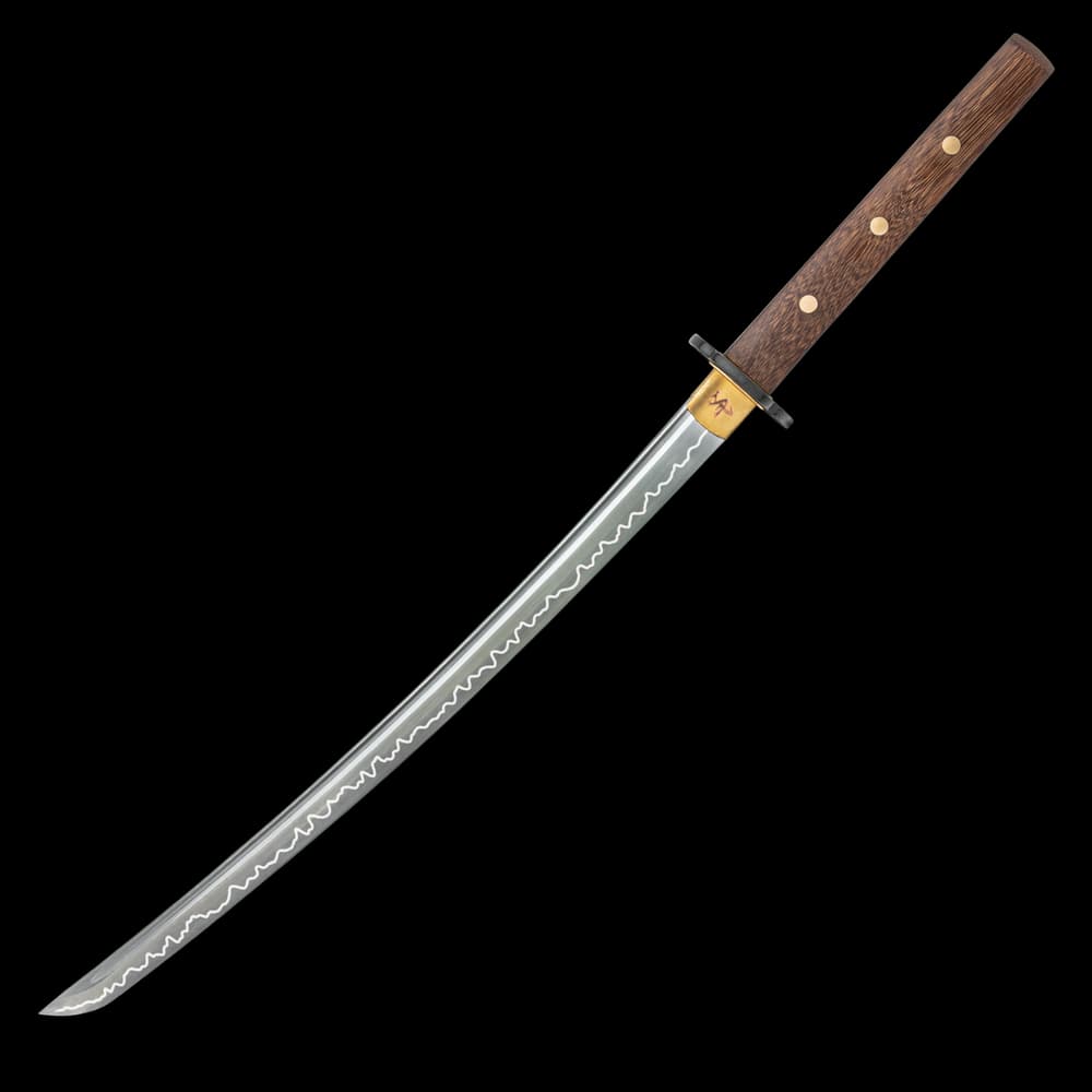 Full view of the Shikoto Tigerwood Wakizashi with T10 carbon steel blade and brown tigerwood handle. image number 2