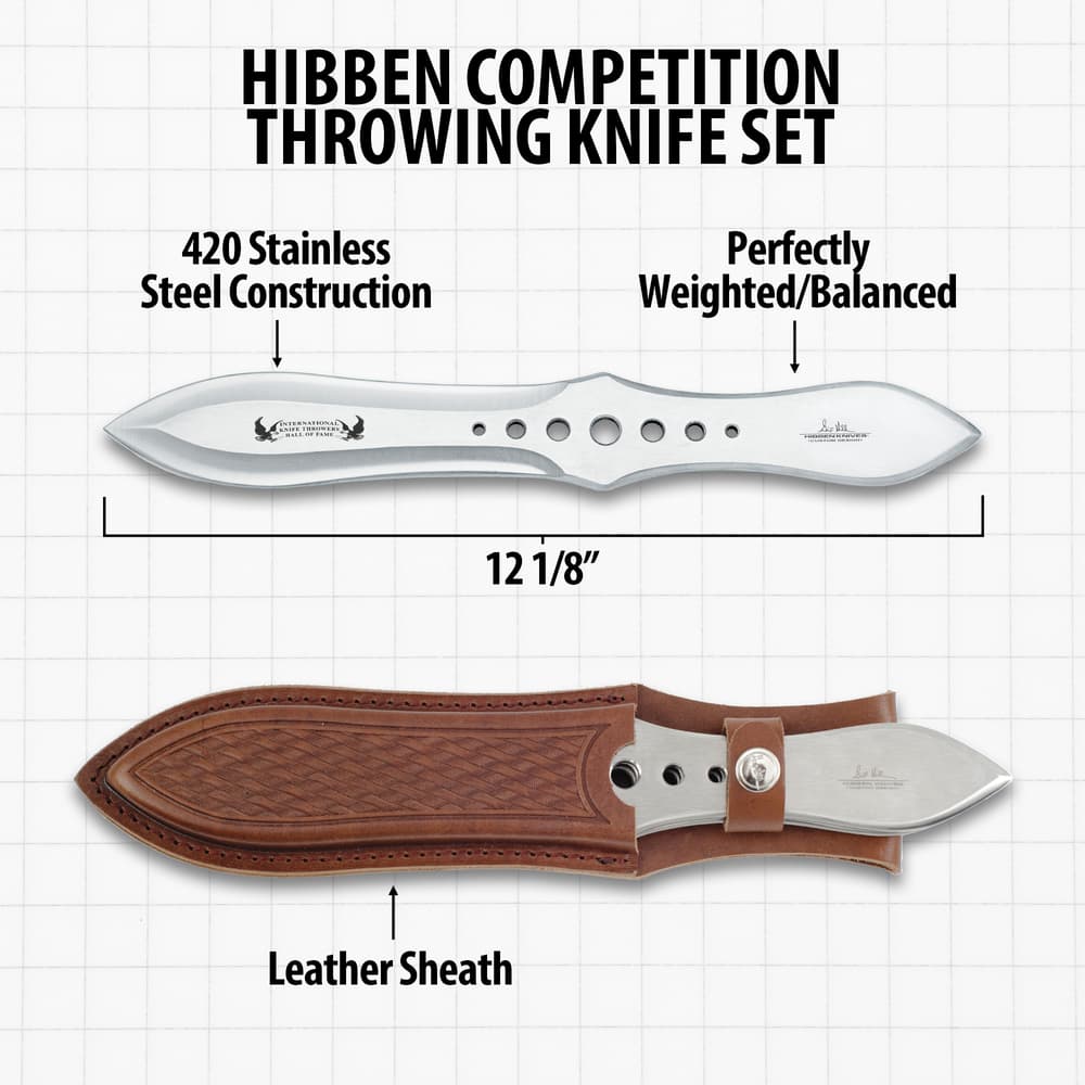 Gil Hibben Competition Throwing Knife Triple Set With Leather Sheath - One-Piece 420 Stainless Steel, Perfectly Balanced - 12 1/8" Length image number 2