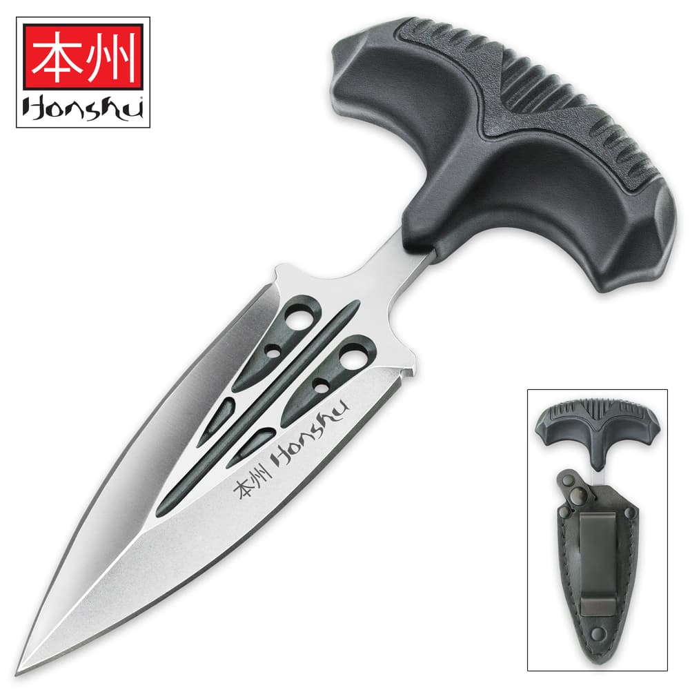 Honshu Large Covert Defense Push Dagger And Sheath - 7Cr13 Stainless Steel Blade, Molded TPR Handle - Length 5 7/8” image number 2