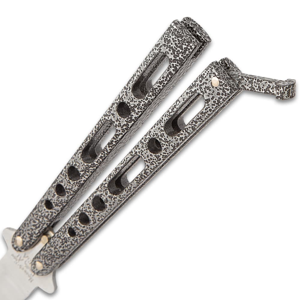 Bear & Son Silver Vein Handle Butterfly Knife has silver vein, extra thick die cast metal handles that feature slot and hole cut-outs and a secure locking mechanism image number 2