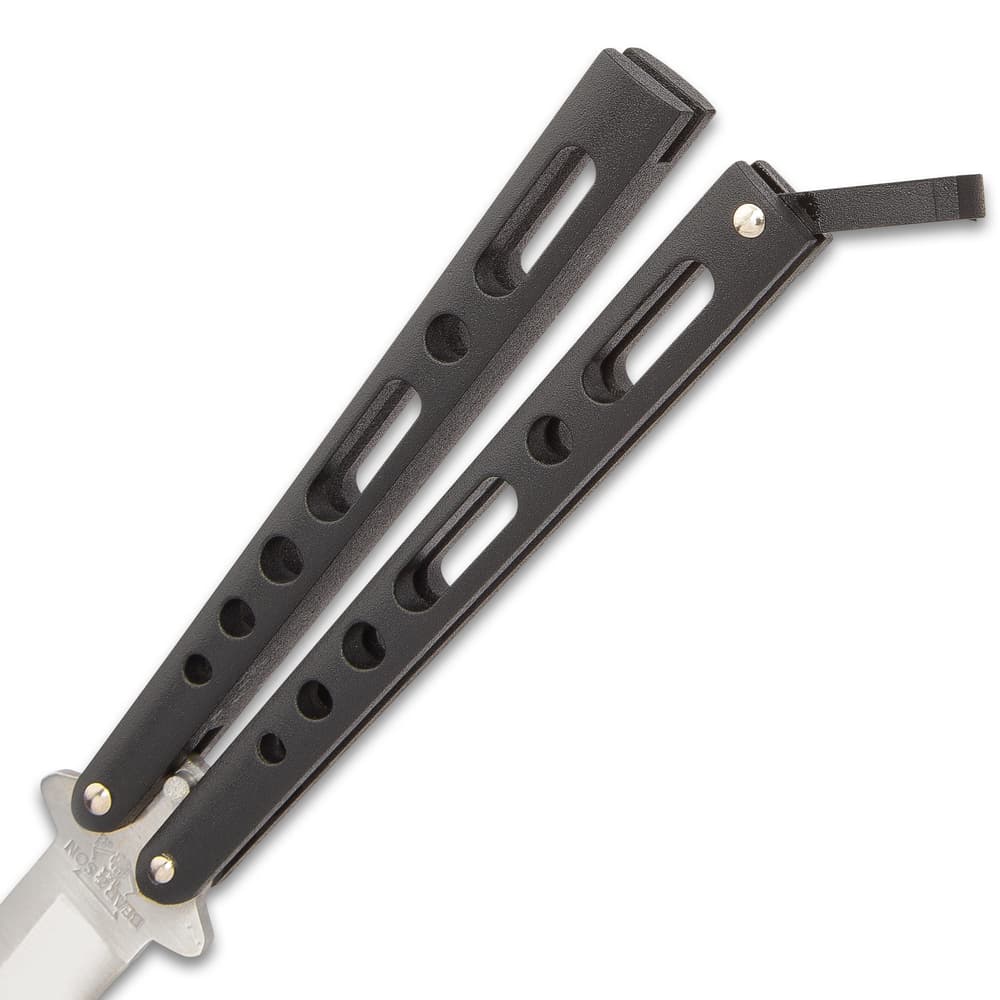The Bear & Son Black Handle Butterfly Knife has black, extra thick die cast metal handles that feature slot and hole cut-outs and a secure locking mechanism image number 2