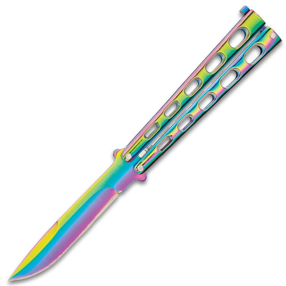 The 9” overall butterfly knife has a full rainbow finish and is 5” when closed. image number 2