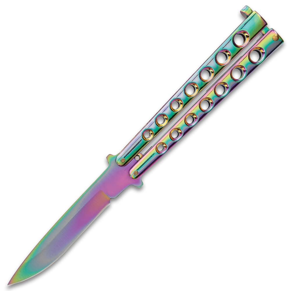 Open, this rainbow butterfly knife measures 9” with a 4” blade. image number 2