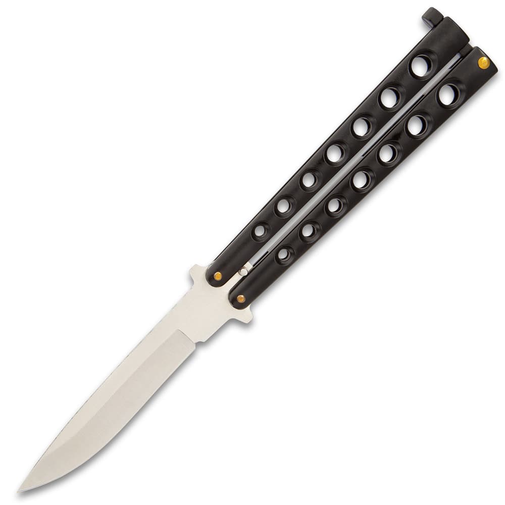 This butterfly knife has a 4” stainless steel blade and black skeletonized handles with brass pins. image number 2