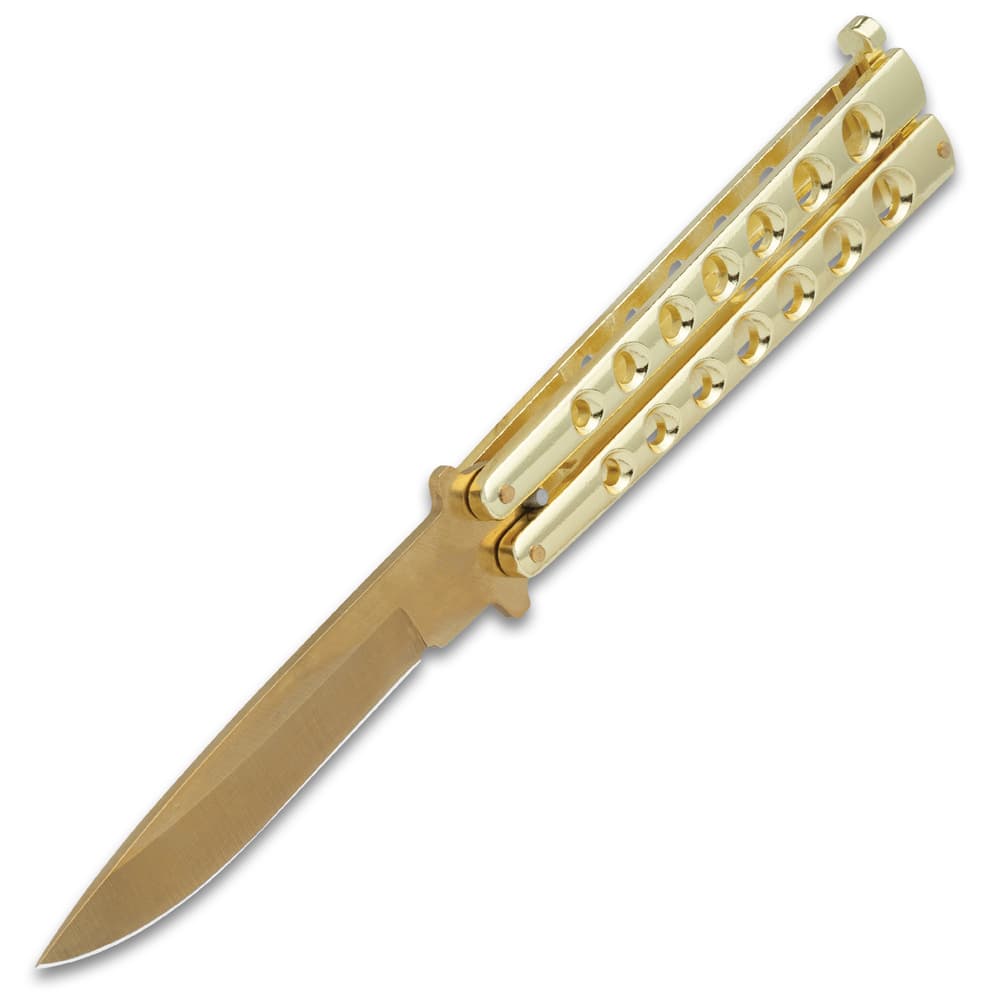 Shown open, this knife has a 4” stainless steel blade with gold finish and gold colored skeletonized handle. image number 2