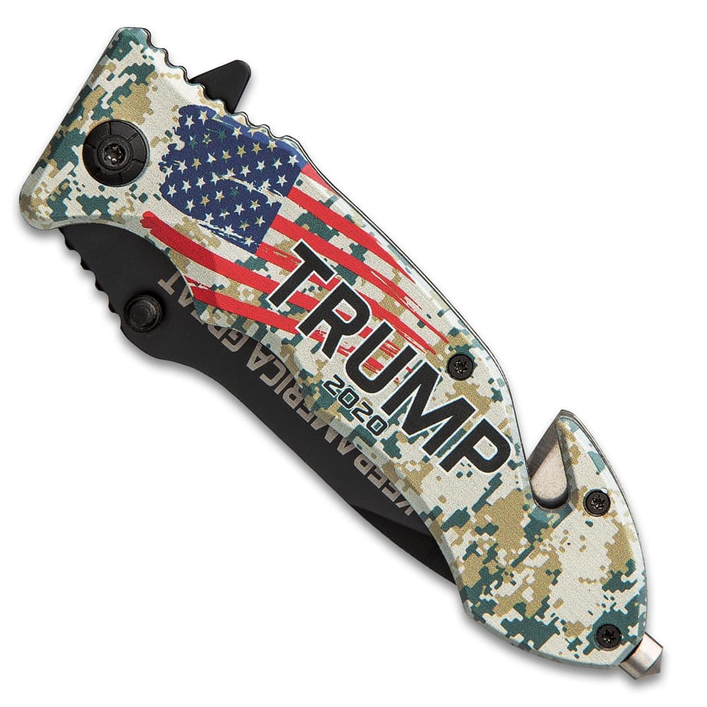 The patriotic pocket knife is 5”, when closed, has glass breaker, seatbelt cutter and a pocket clip for ease of carry image number 3