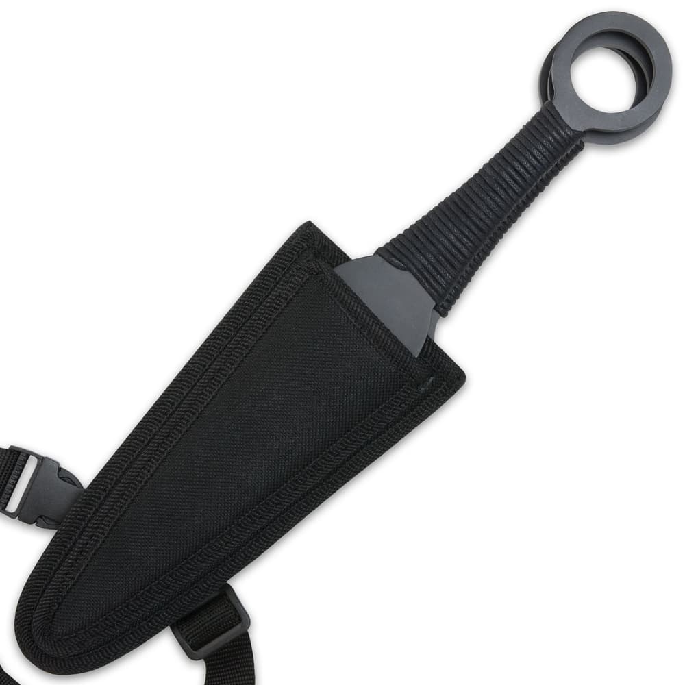 Each 12” throwing knife is crafted of black AUS-6 stainless steel with a cord-wrapped handle and open-ring pommel image number 3