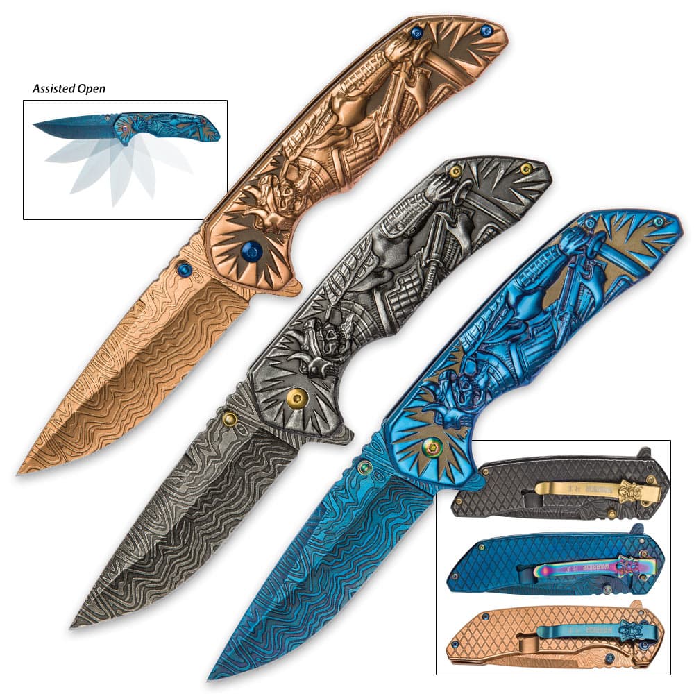 Shadow Warrior Pocket Knife Collection - Three Assisted Opening Folders - DamascTec Steel Blades image number 3