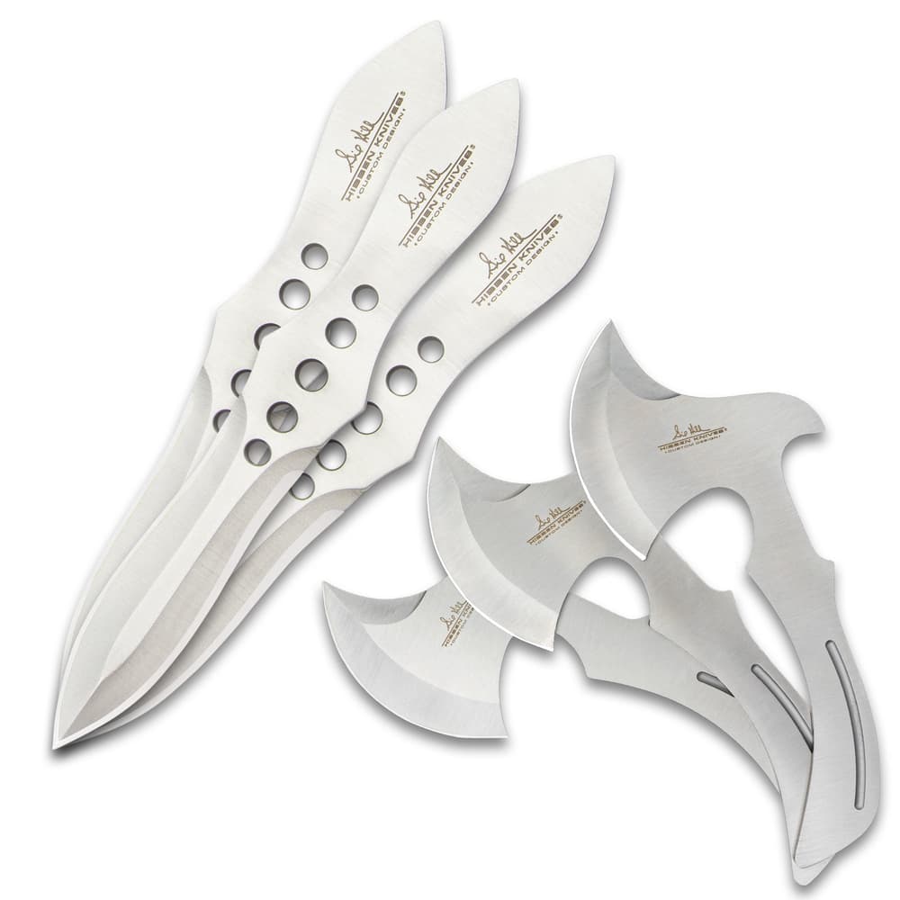 3 mirror polished throwing knives and 3 mirror polished throwing axes on a white background. image number 3