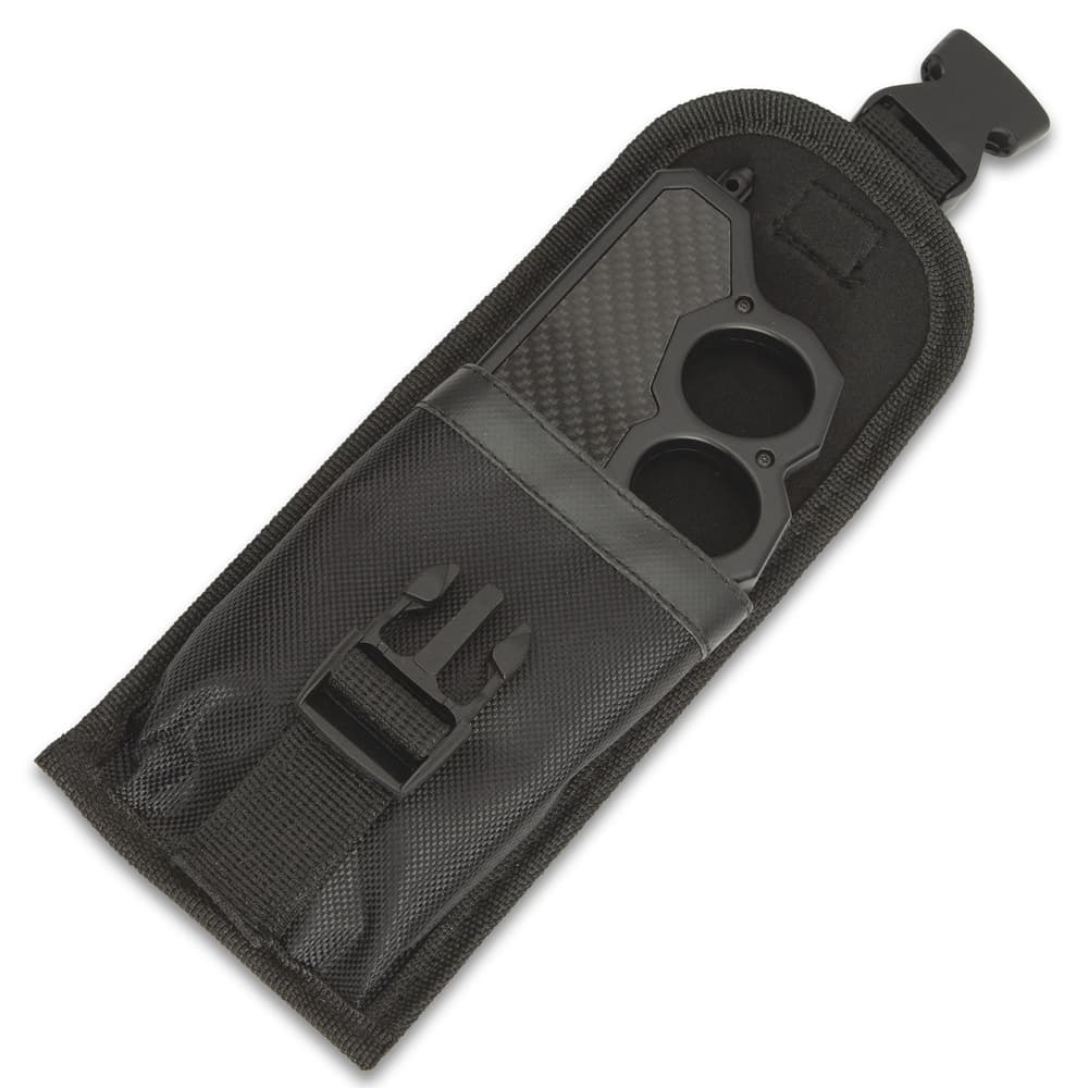 The knife can be housed in its included black nylon sheath with buckle closure. image number 3