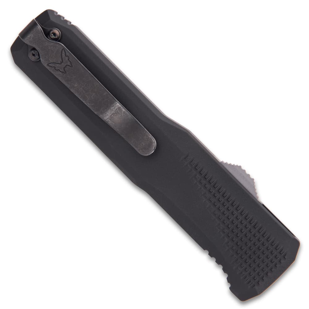Closed pocket knife with dark grey aluminum enclosure and reversible deep carry pocket clip. image number 3