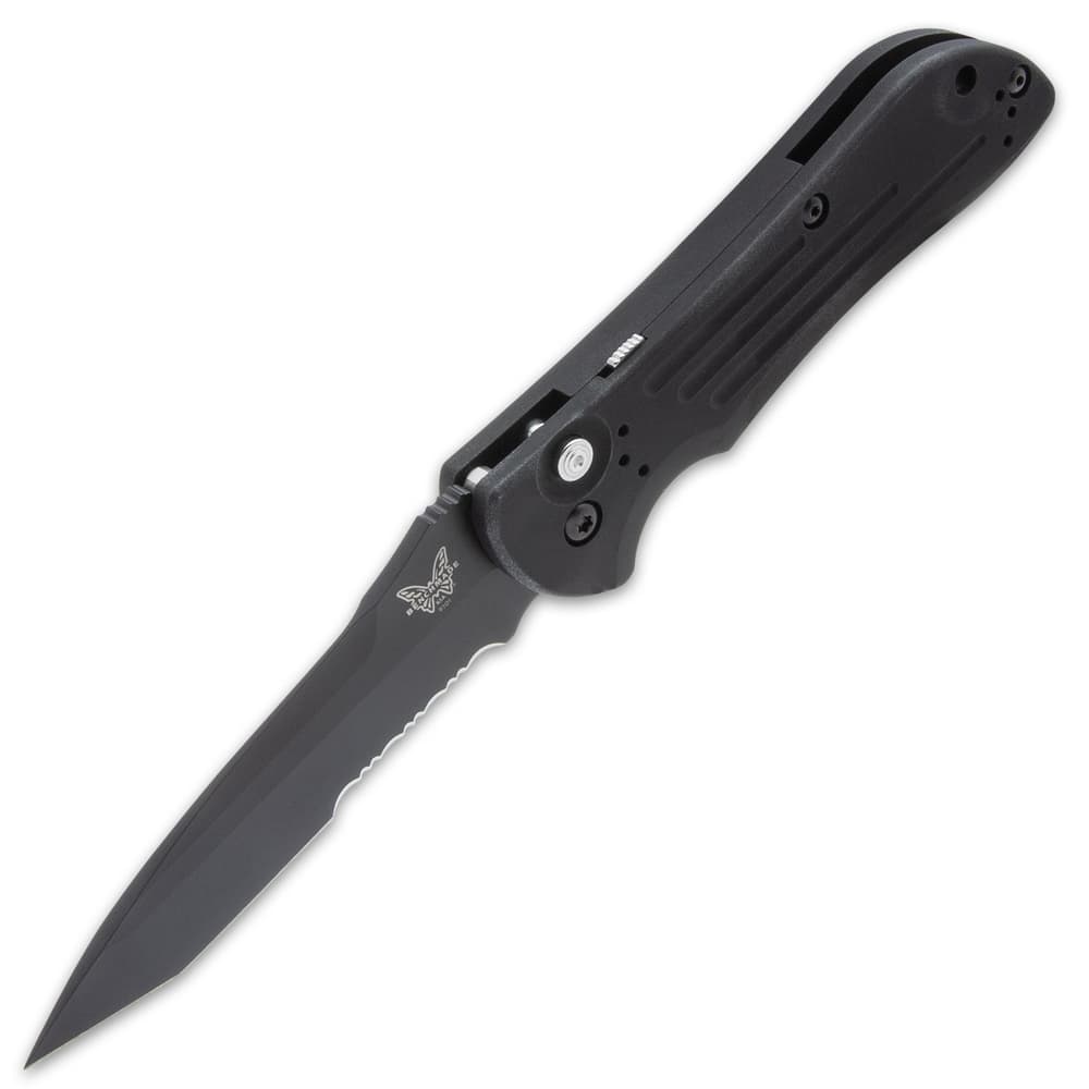 The knife has a 3 3/5”, razor-sharp 154CM steel, serrated tanto blade with a 58-61 HRC and a black-coated finish image number 3