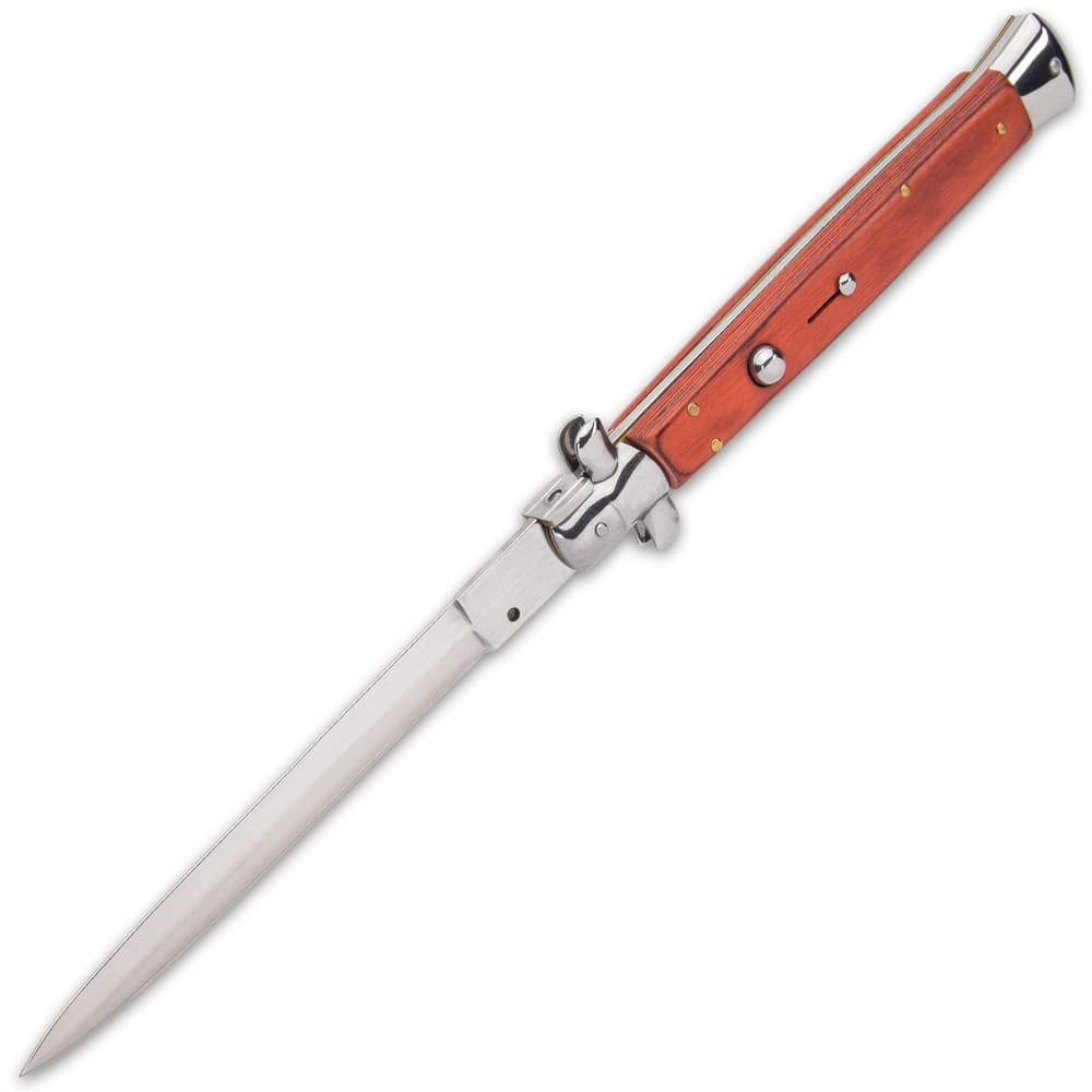 Automatic Italian Wood handle stilleto knife with mirror polished accents and double sided blade with brass liners. image number 3