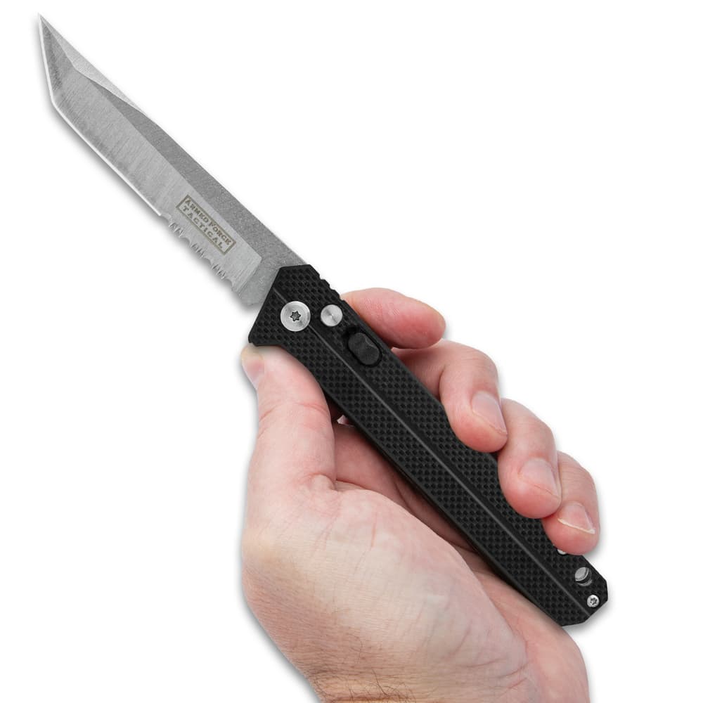 Full image of the Blackhawk Automatic Pocket Knife held in hand. image number 3