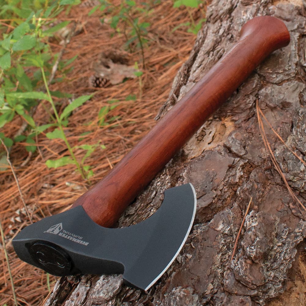 The 5 3/10” axe head is crafted of 1055 high carbon steel with a dark grey coating and it has a sharp 4 3/4” blade edge image number 3