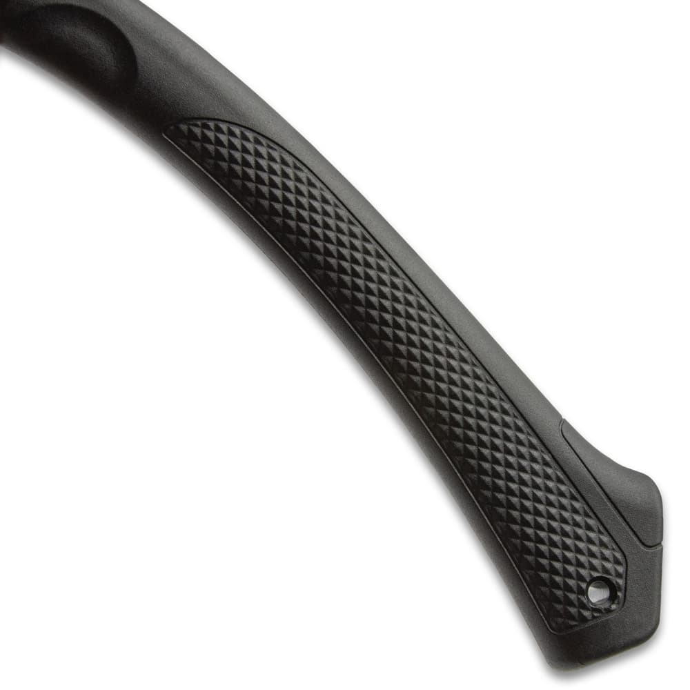 Up close view of a tomahawk axe handle made of black textured nylon on a white background. image number 3