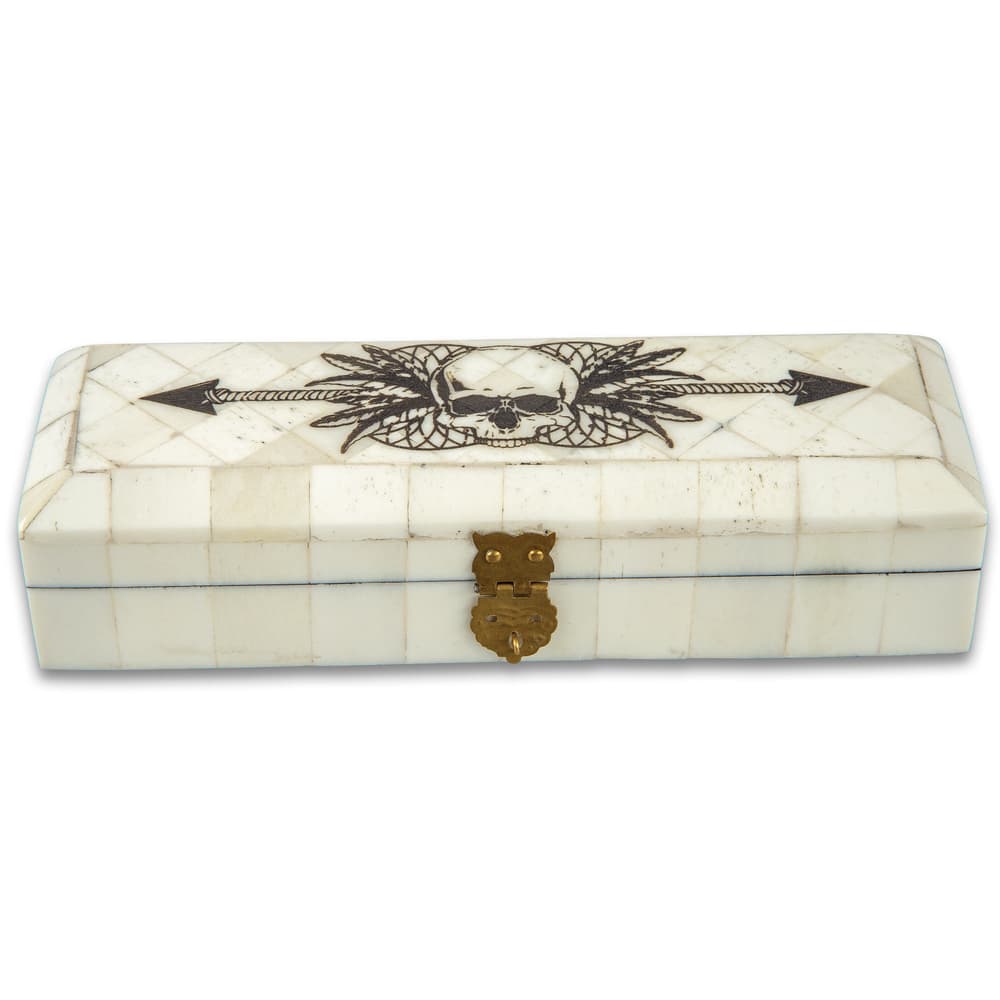 Skull And Arrow Bone Box - Genuine Bone, Brass Hinged Lid, Etched Design, Felt Lined Interior And Bottom - Dimensions 7” x 2 3/8” x 1/2" image number 3