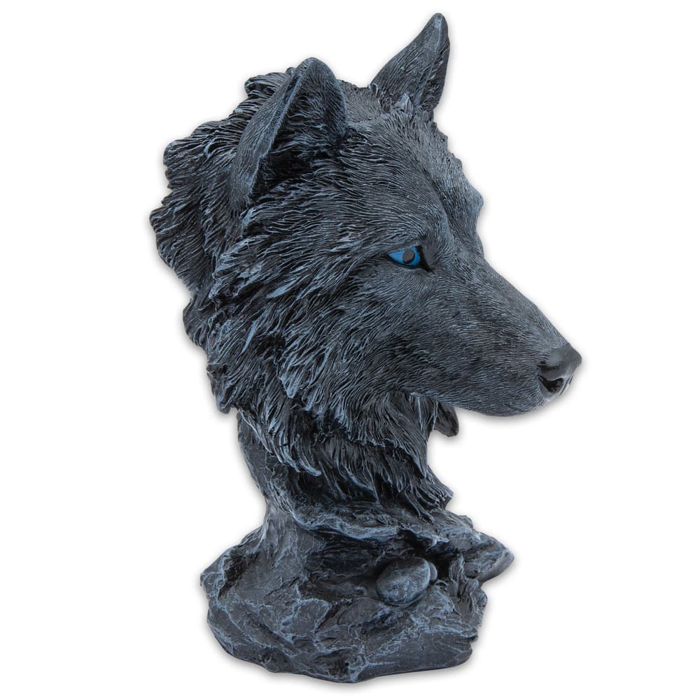 You won’t believe how life-like the Black Wolf Head Sculpture is from the texture of the fur to the texture of the stone image number 3