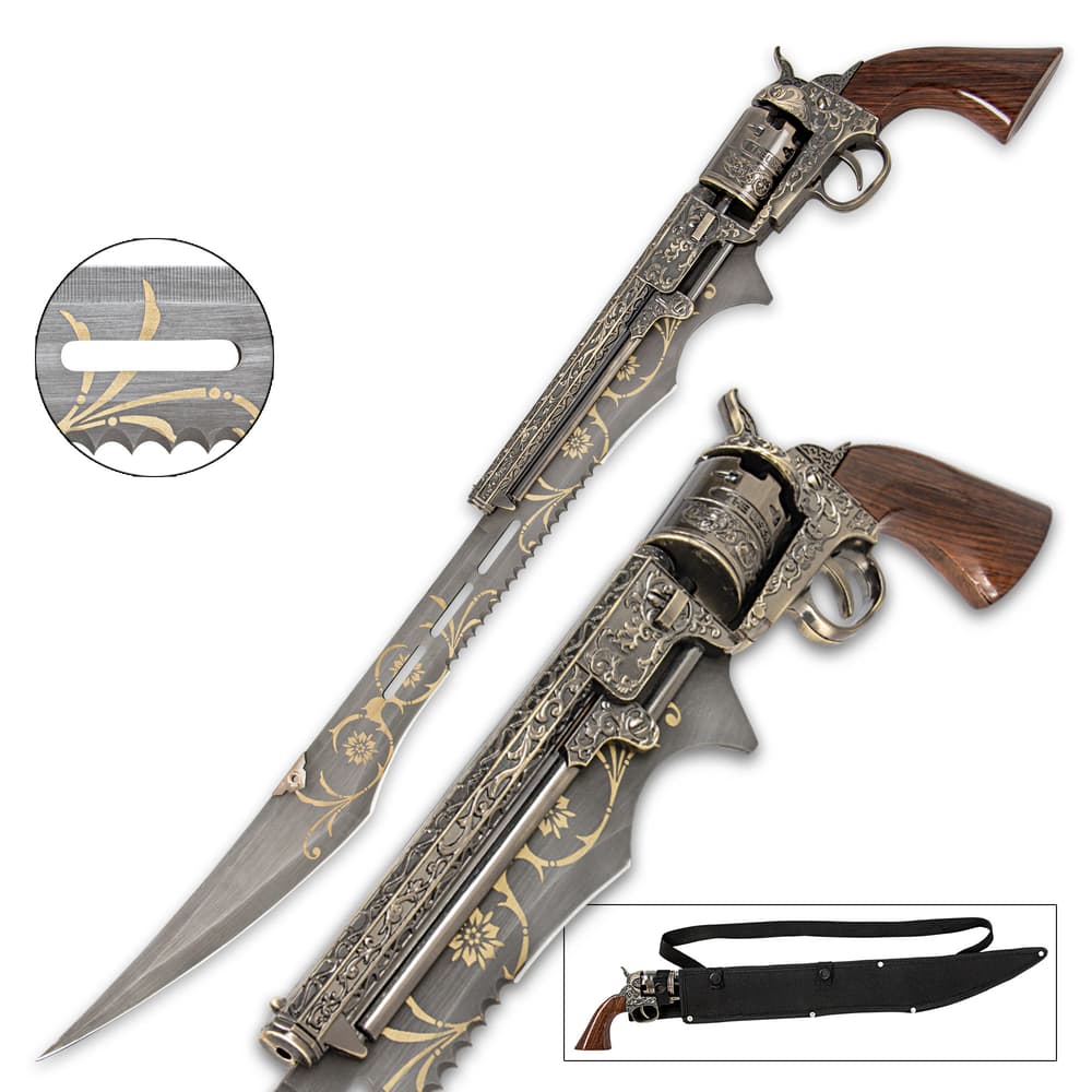 Detailed view of the ornate gun handle with spinning barrel and ornate stainless steel blade. image number 3