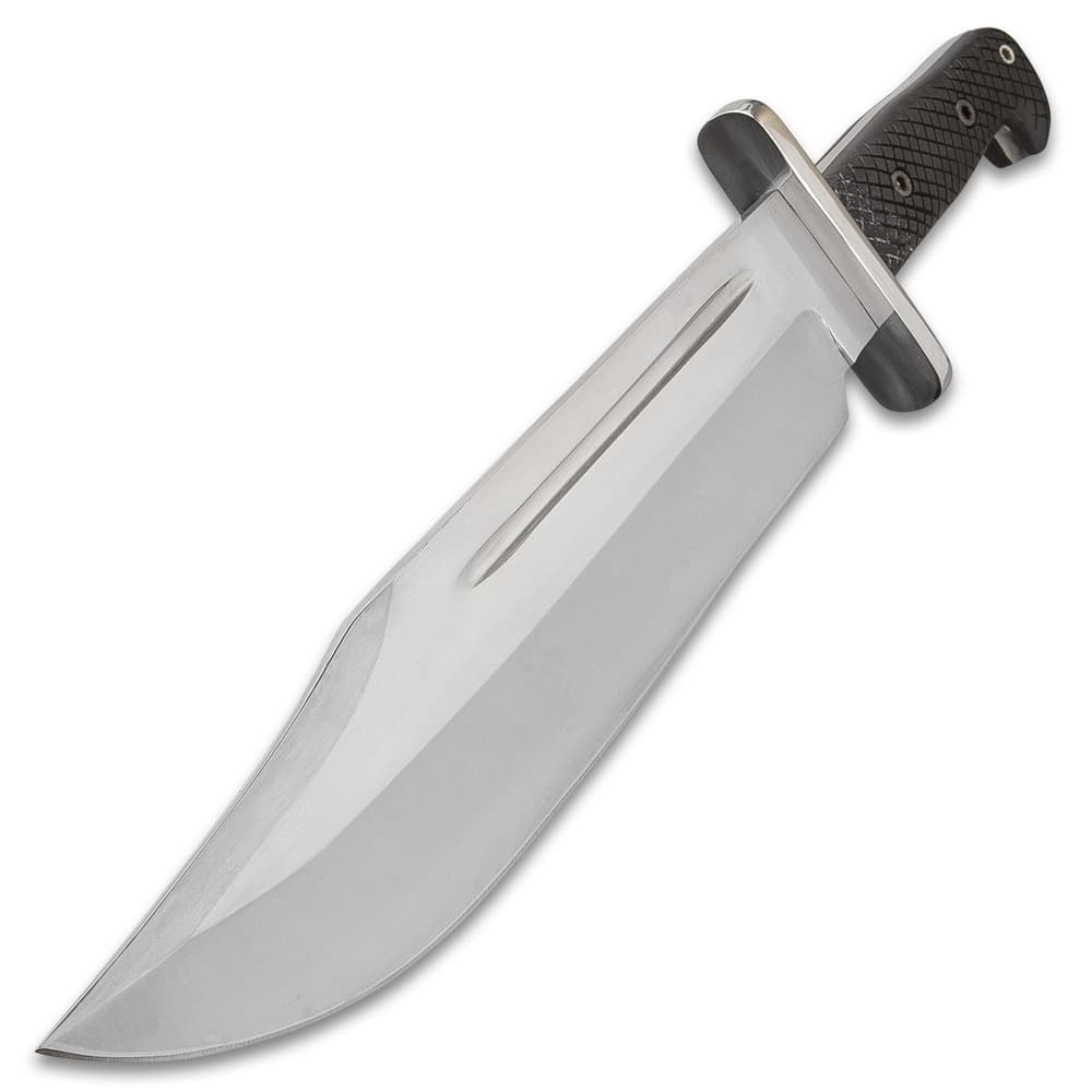 Angled view of a large silver bowie knife with a large thick steel handguard. image number 3