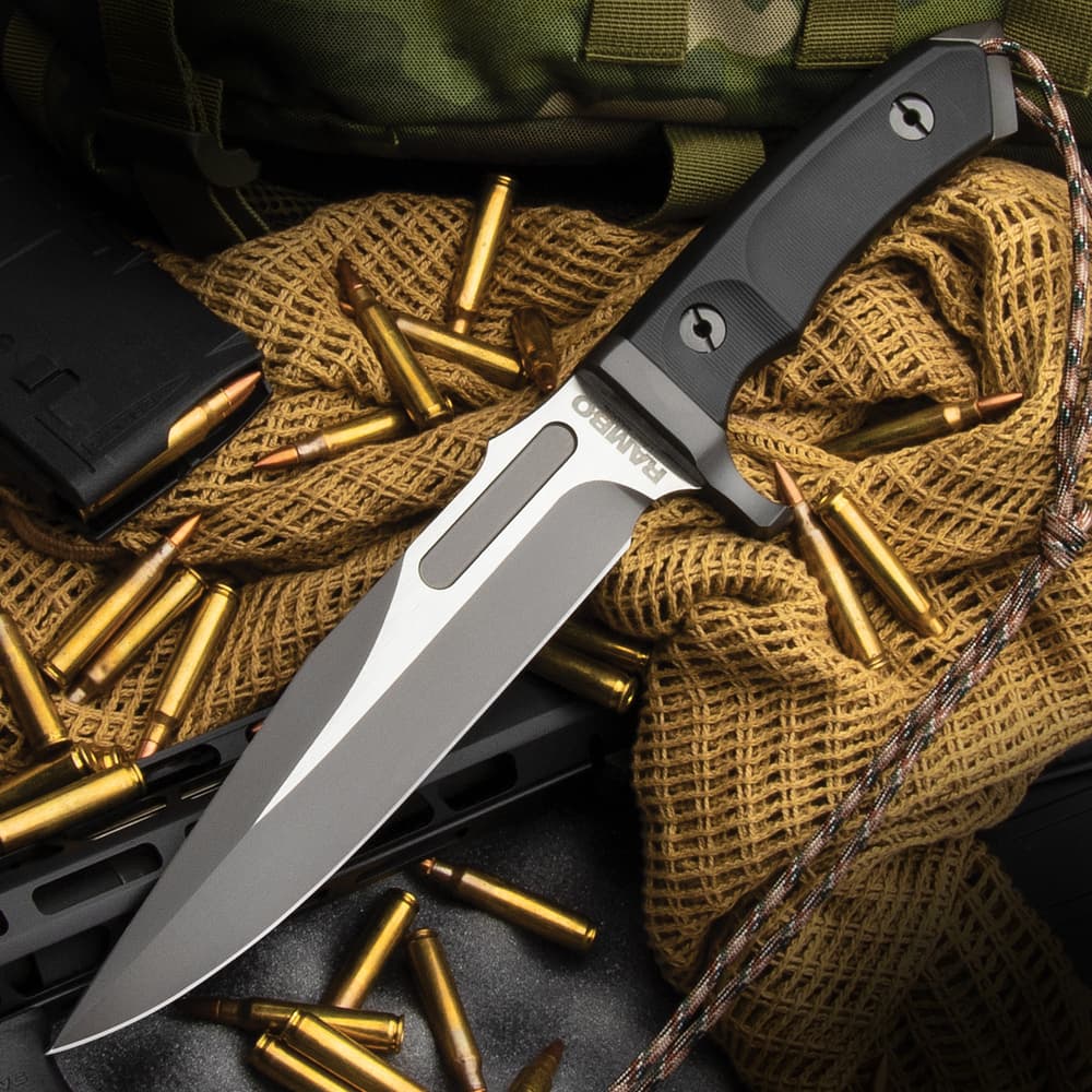 Rambo Last Blood Bowie Knife With Sheath - Officially Licensed, Stainless Steel Blade, Hardwood Handle Scales - Length 14” image number 3