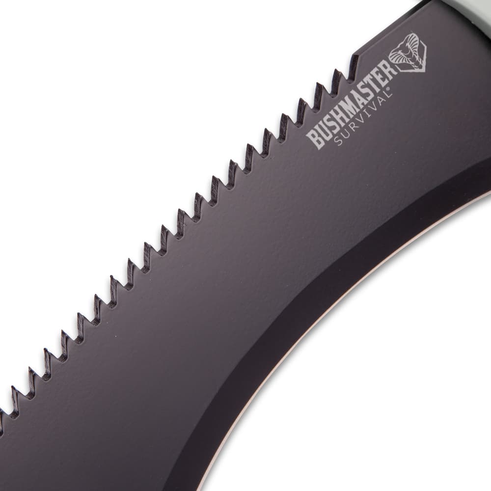 It has a distinctively curved, black 12 1/4" stainless steel blade with wicked sawback serrations along the blade spine image number 3