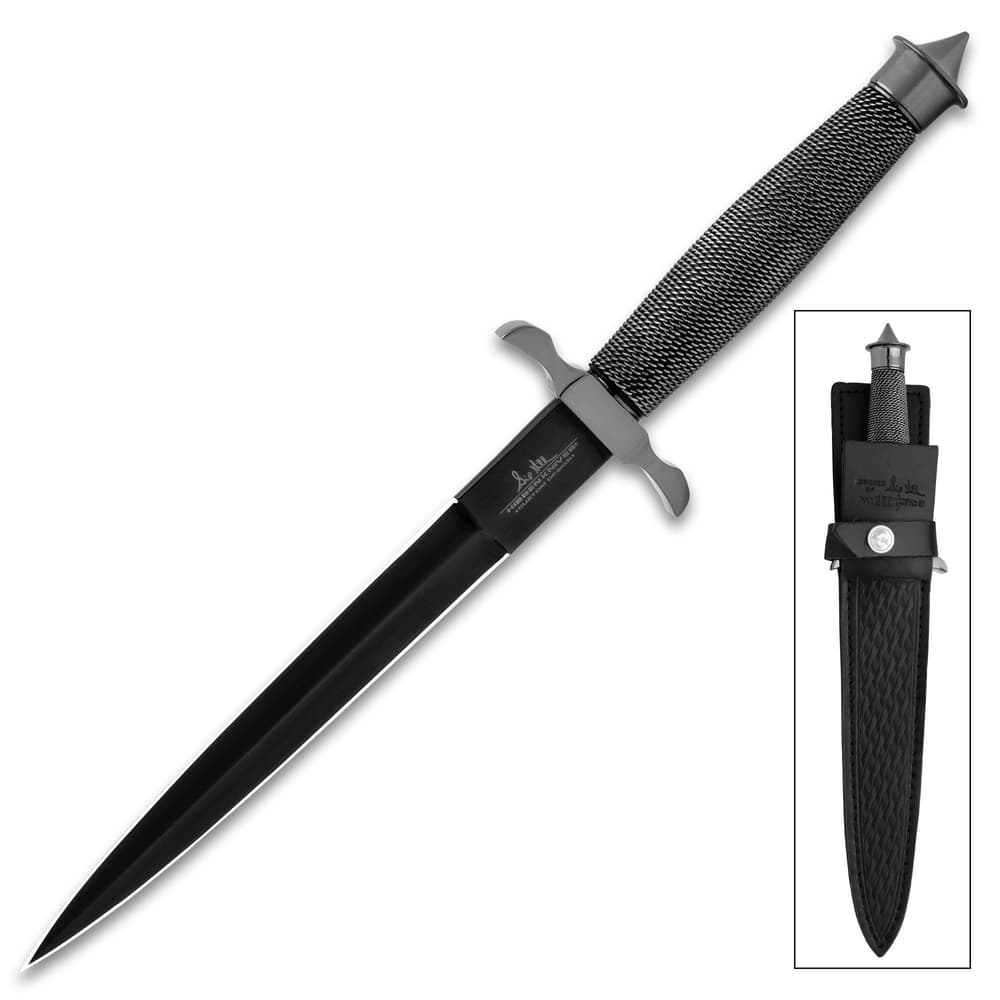 It has a double-edged, 7 1/2” mirror-polished, stainless steel blade with a penetrating point and Hibben’s signature stamp image number 3