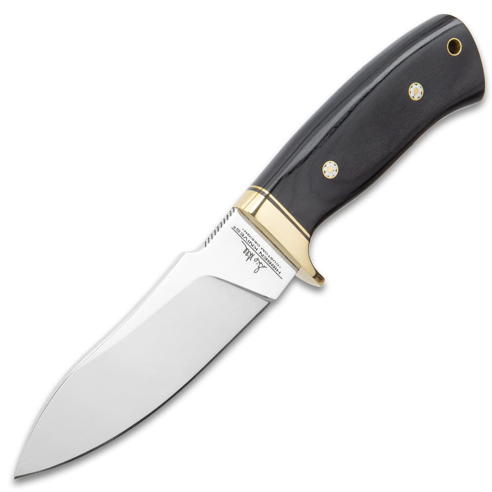 Hibben Chugach Hunter Knife With Sheath - 5Cr13 Stainless Steel Blade, Pakkawood Handle, Brass Hand Guard, Rosette Accents - Length 8 7/8” image number 3